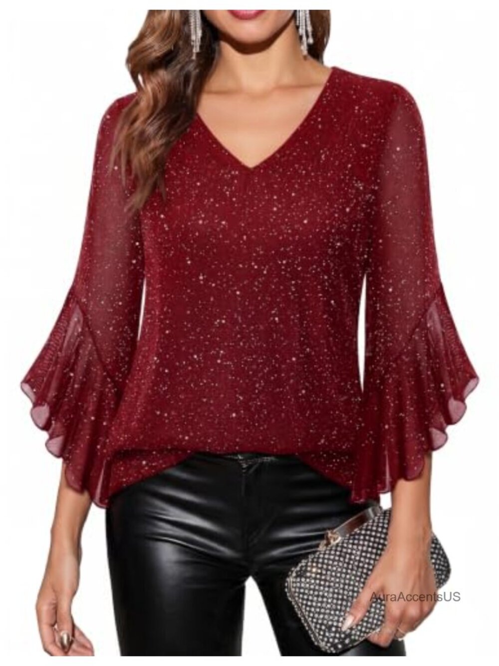 Sequined 3/4 Sleeve V-Neck Tunic Blouse Dressy Sparkly Party Top - Picture 1 of 6